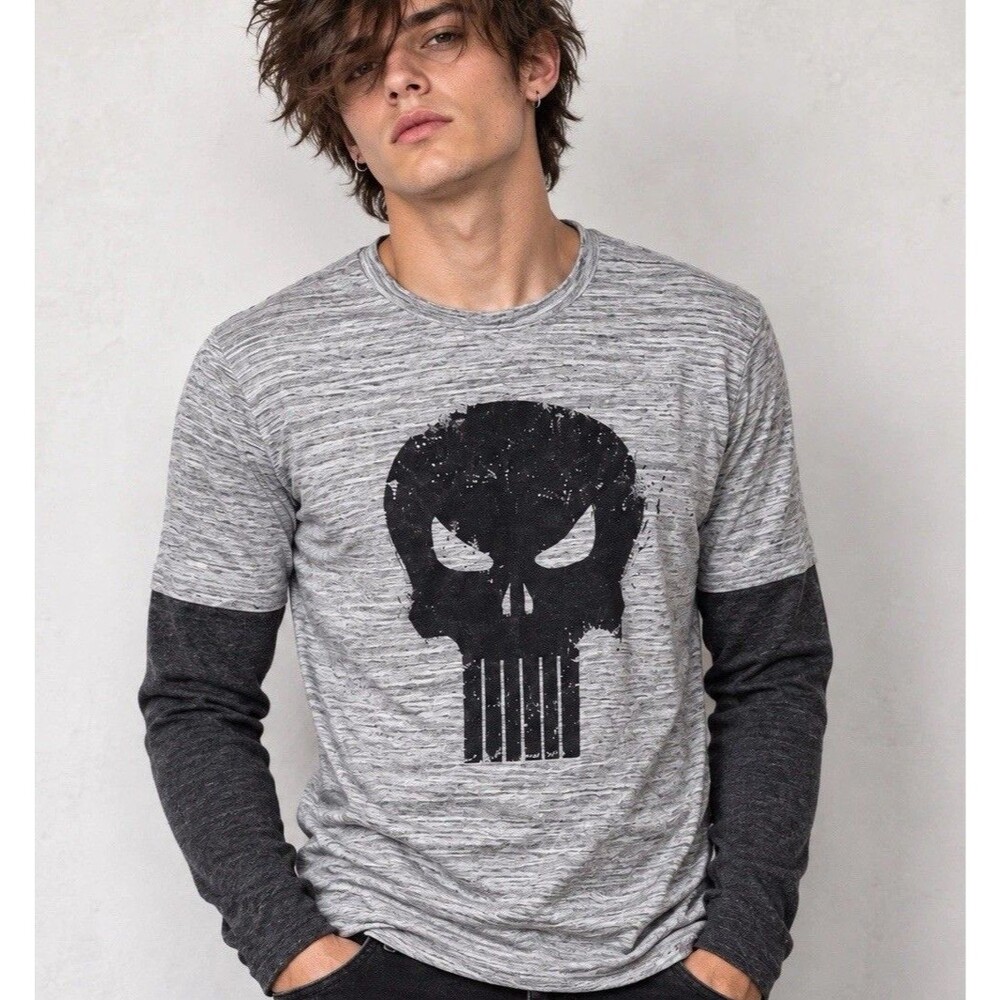 Marvel The Punisher Men’s Long Sleeve T-Shirt Gray Size X-Large Goth Emo Mall